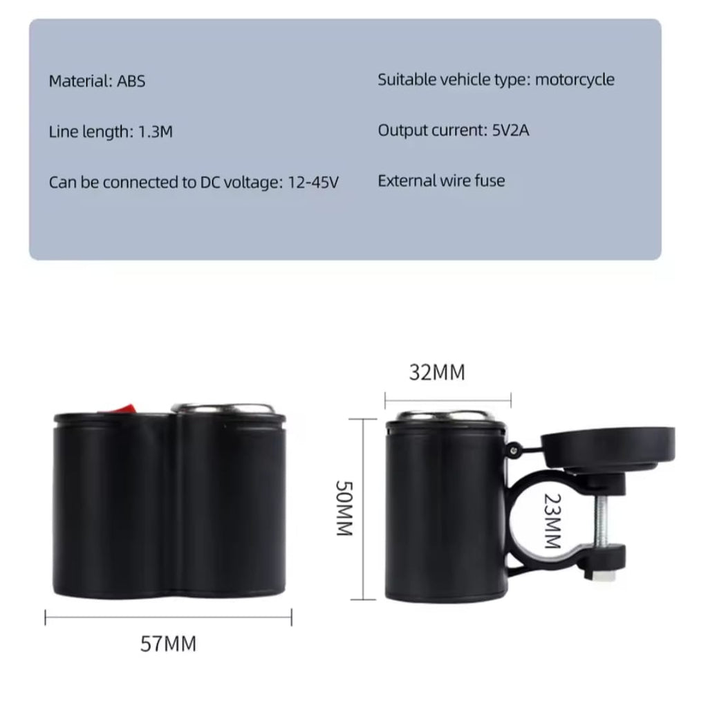 Motorcycle Handlebar Phone Charger Waterproof USB Power Adapter 12V 2.0A With Switch And Cigarette Lighter For GPS Navigation DVR