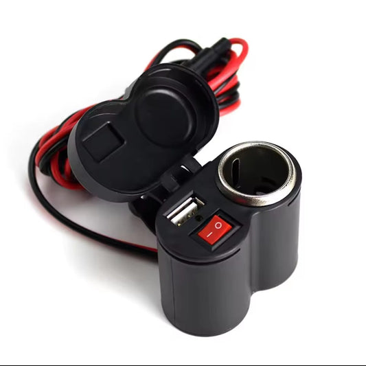 Motorcycle Handlebar Phone Charger Waterproof USB Power Adapter 12V 2.0A With Switch And Cigarette Lighter For GPS Navigation DVR